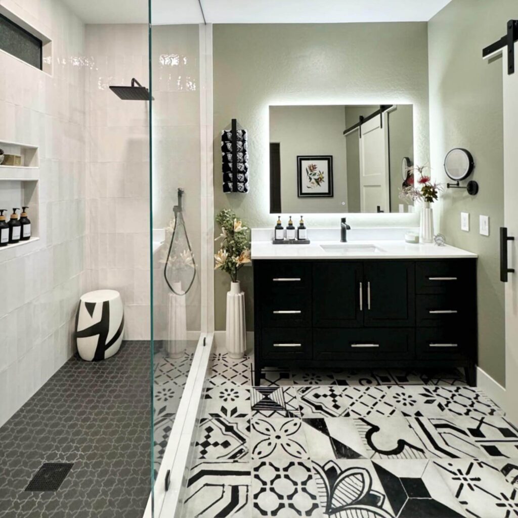 10. Eclectic Black and White Mix with Statement Flooring