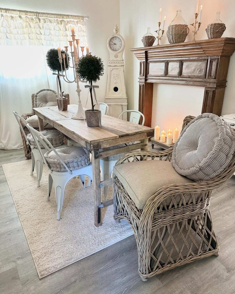 11. Plaid Upholstery and Curved Wood for a Refined Farmhouse Touch