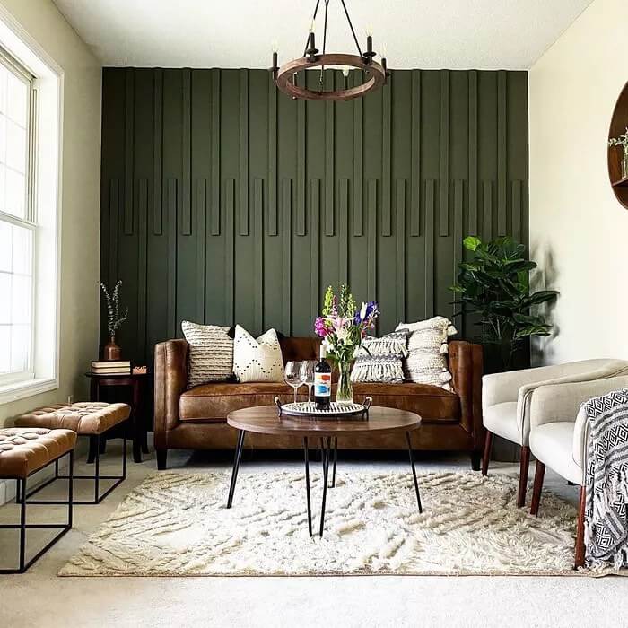 12. Textured Green Accent Wall with Mid-Century Vibes