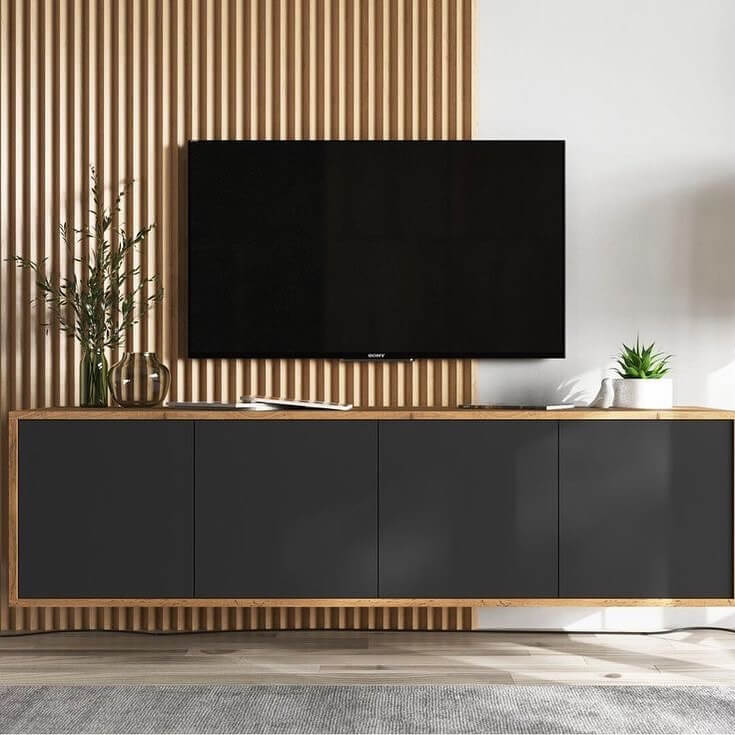 14. Slatted Wood Accent Wall with Sleek Floating Storage