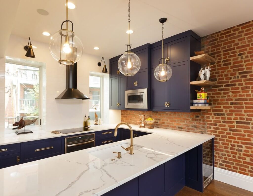 15. Industrial-Chic Meets Warm Brick and Bold Blue