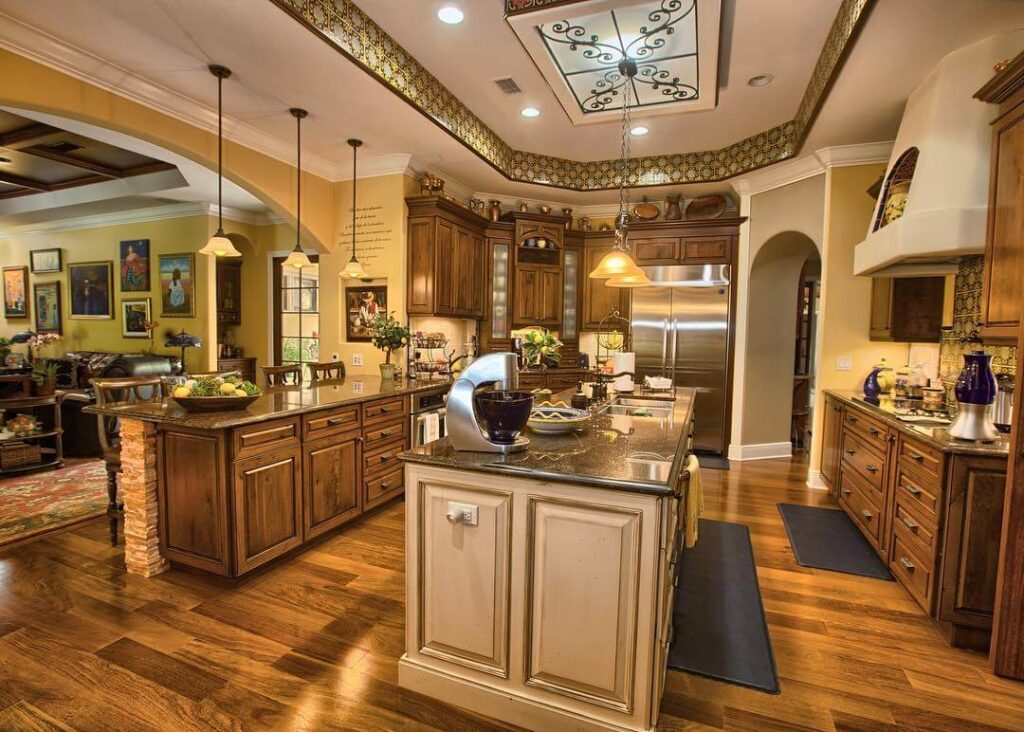 15. Hacienda Grandeur: Rich Woods and Decorative Ceiling Trim