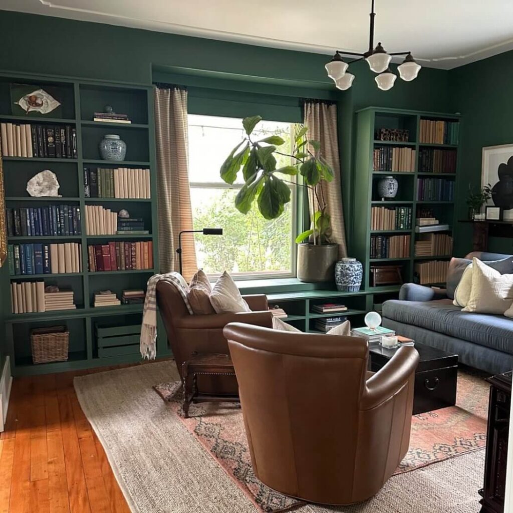 16. Library-Luxe with Deep Green and Leather Accents