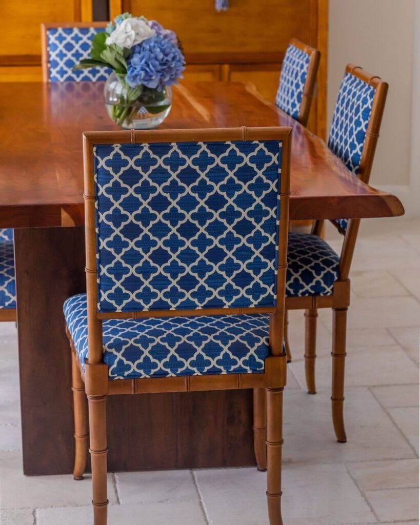 21. Pattern Power: Bold Blue Upholstered Bamboo Chairs