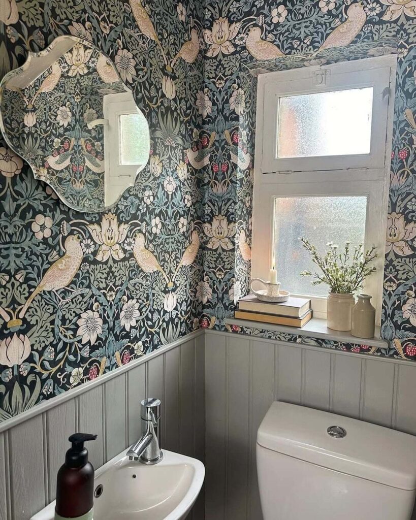 25. Half-Tiled Walls with Vintage Wallpaper Charm