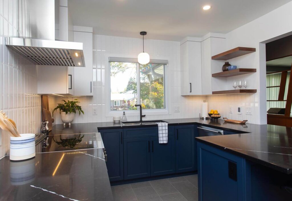 26. Bold Contrast with Walnut and Navy Blue