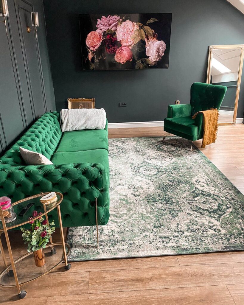 4. Bold Emerald Drama with Vintage Flair