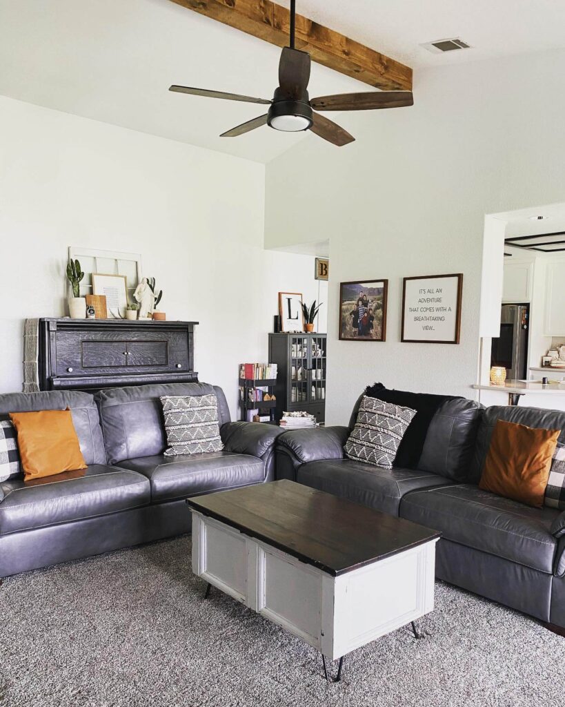 6. Modern Boho Farmhouse with Leather and Graphic Accents