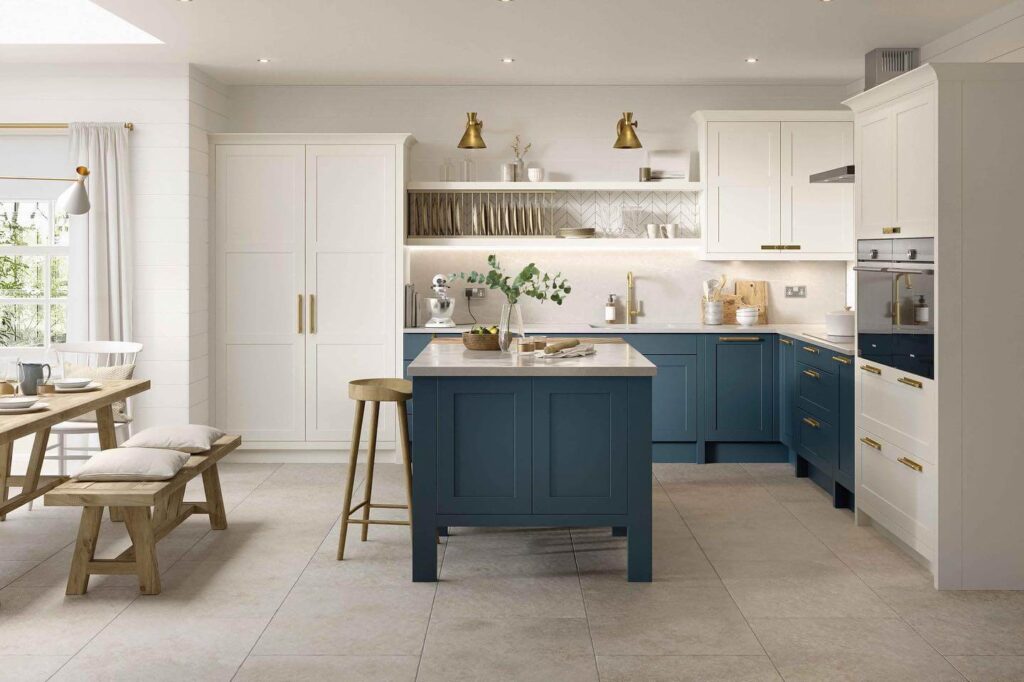 6. Rustic Beams Meet Modern Blue Cabinets