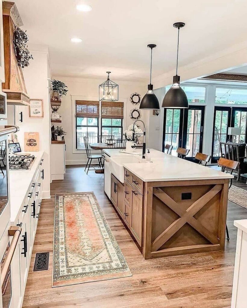 7. Exposed Beams and Industrial Details in a Farmhouse Gathering Hub
