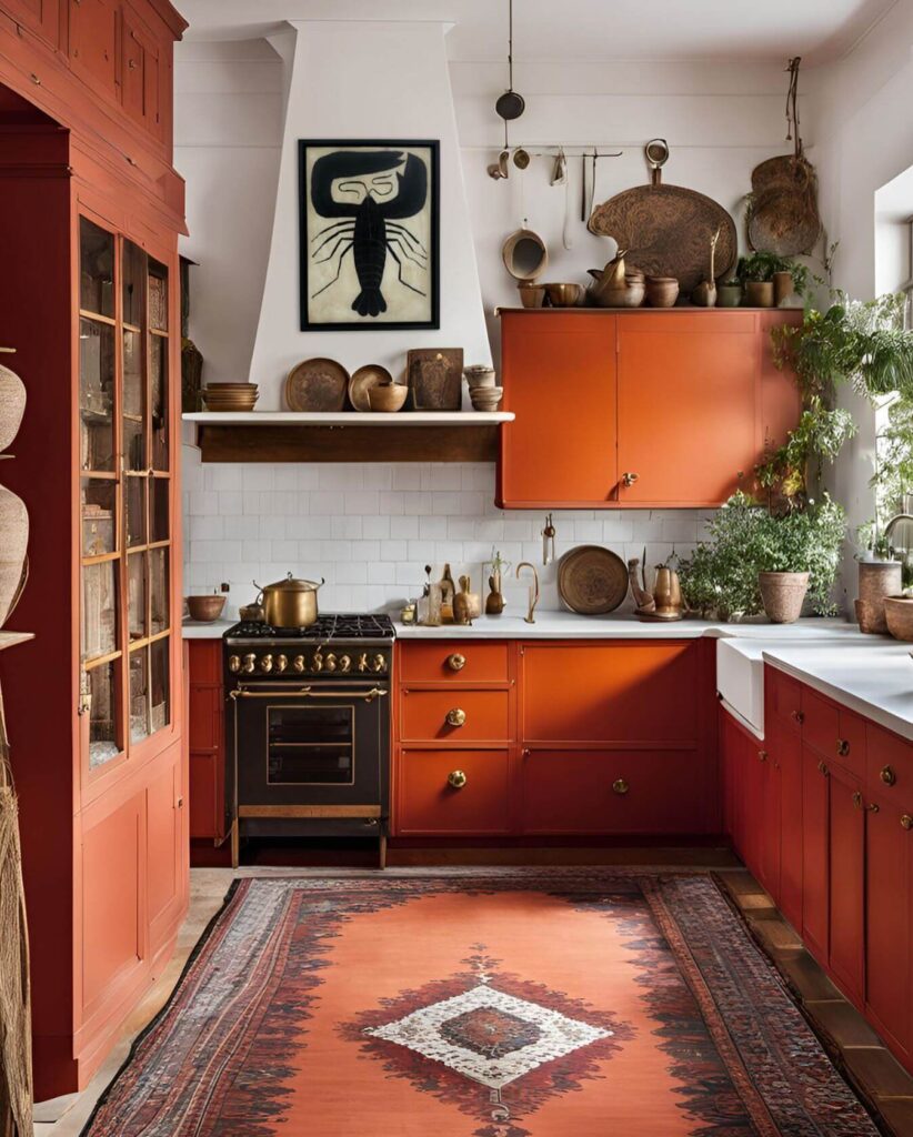 9. Earthy Monochrome: Terracotta Ceiling and Island Continuity