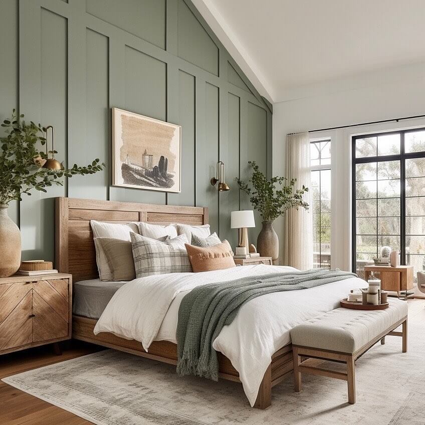 1. Elevate with Paneled Sage Green Accent Walls
