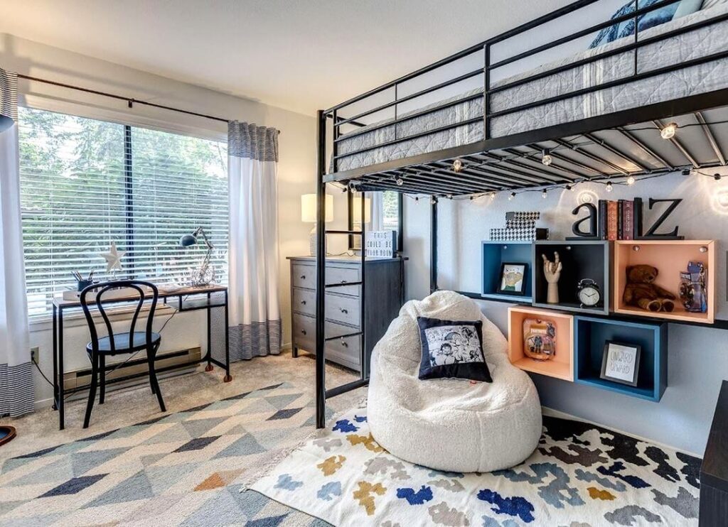 11. Elevate Functionality with a Lofted Bed and Storage Nook