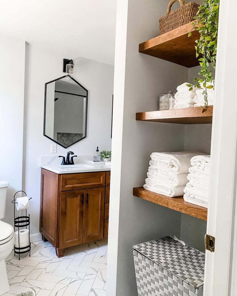 12. Use Deep Floating Shelves for Simple Linen Storage