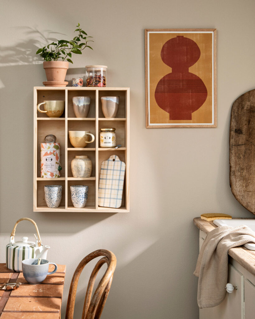14. Natural Wood Wall Grid Shelves for Texture and Function