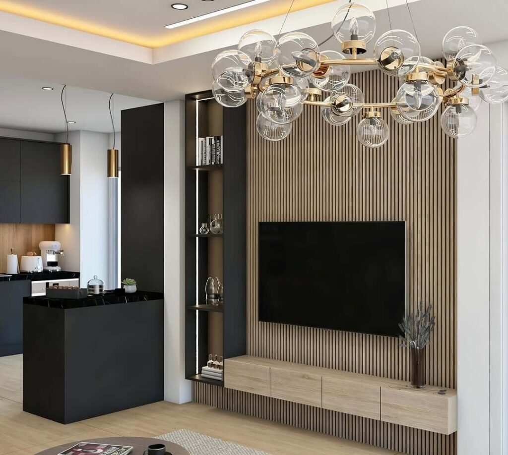 14. Floor-to-Ceiling Slats with Modern Fire Feature
