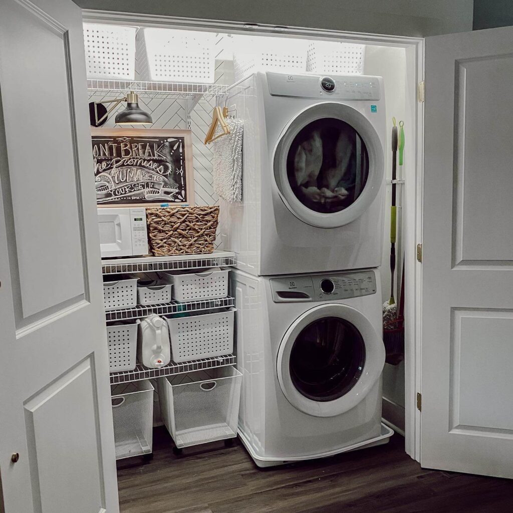 18. Numbered Basket Laundry Closet with Vintage Farmhouse Flair