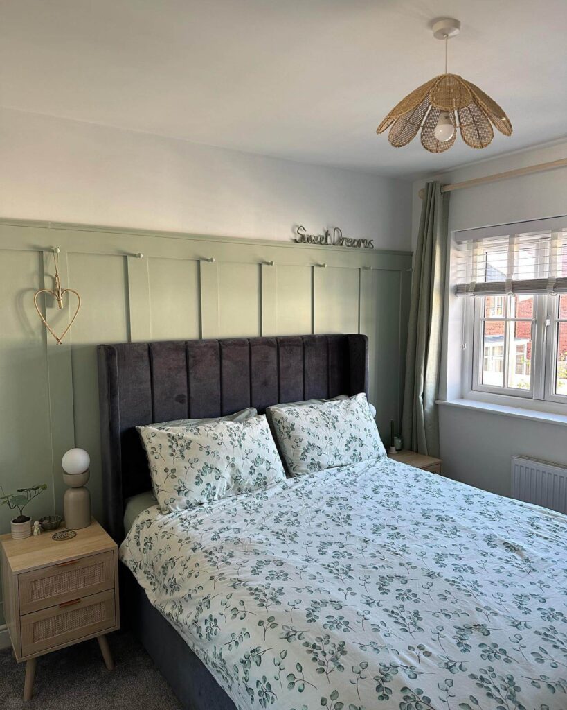 21. Keep It Light with Florals and Soft Sage Paneling