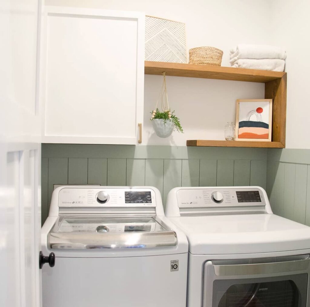 21. Earthy Utility Closet with Open Shelving and Warm Tones