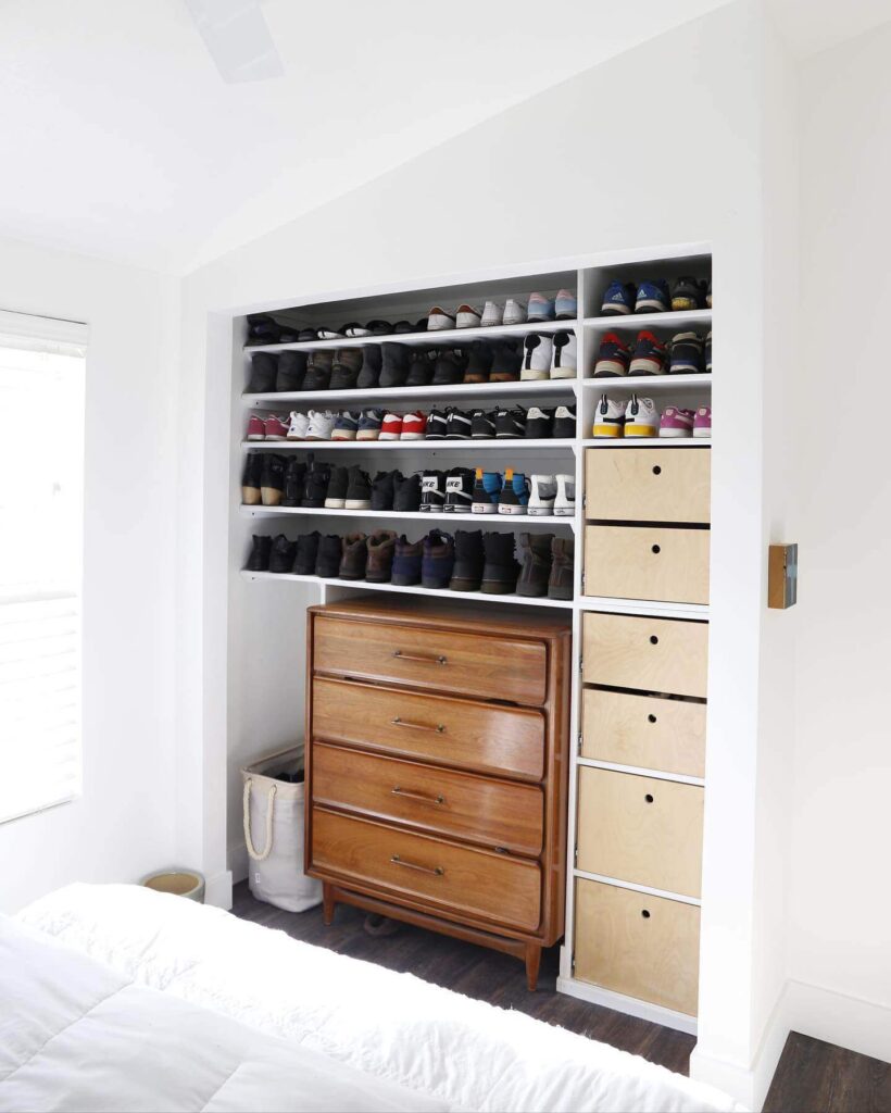 8. Built-In Shoe Wall with Vintage Charm