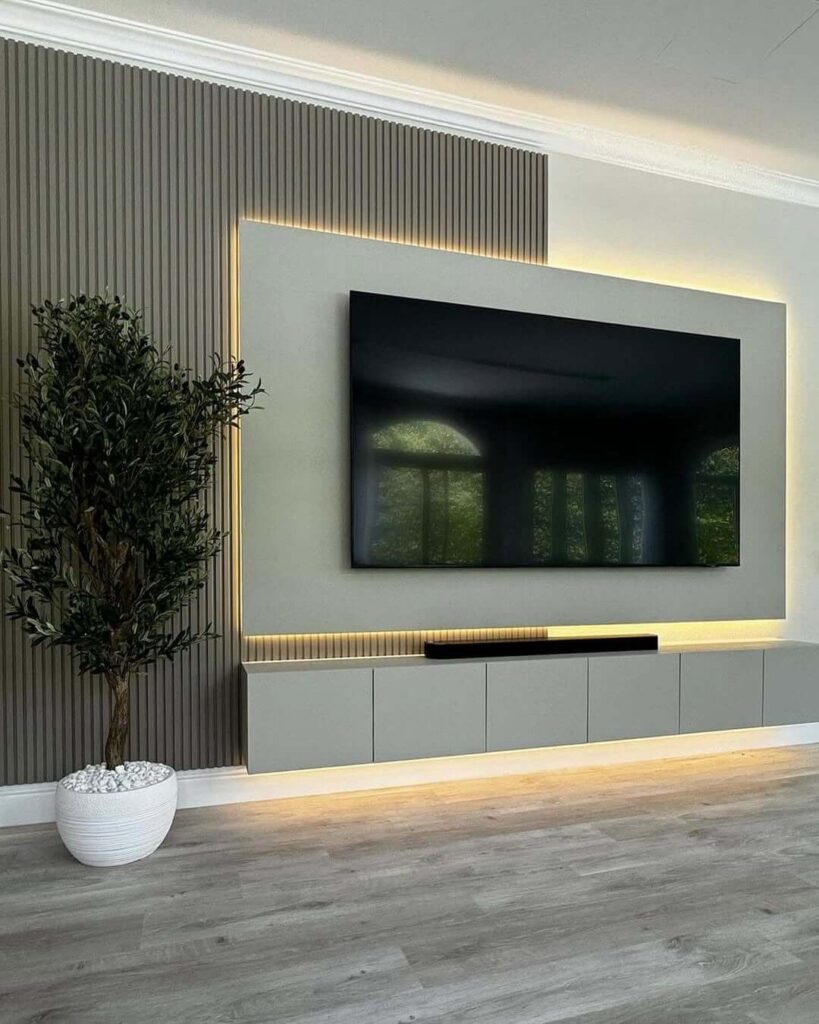 8. Textured Paneling with Framed LED Highlights