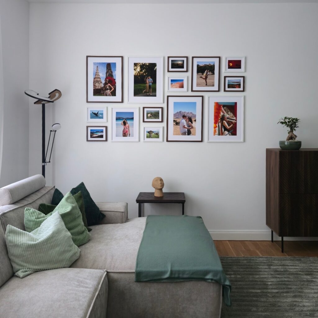 9. Photo Wall Above the Bed as a Headboard Alternative