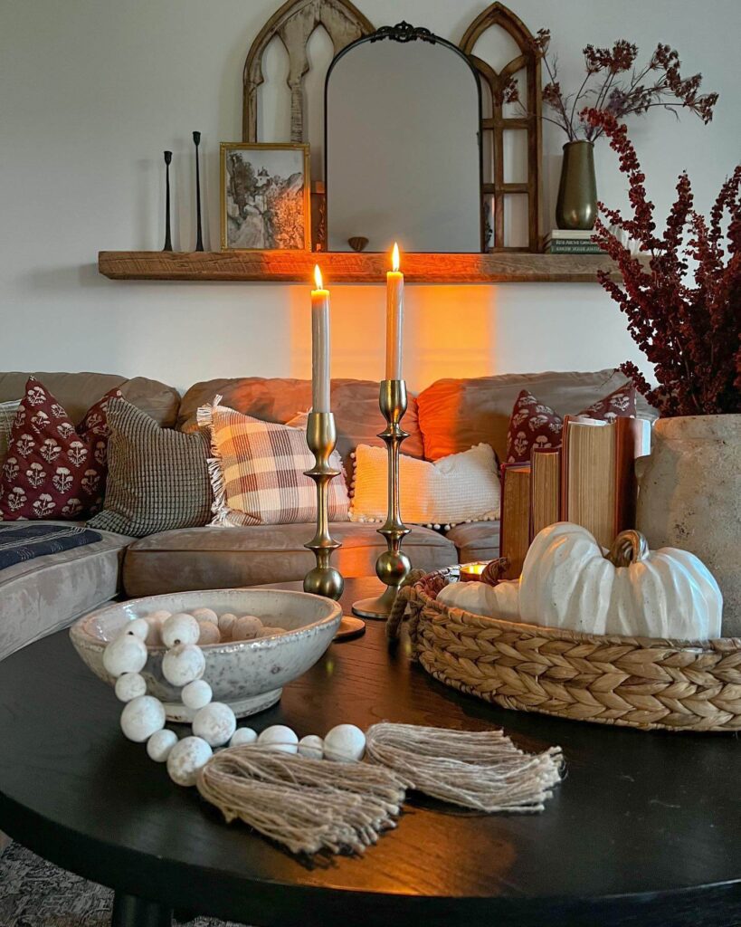 8. Rustic Layers with Mini Pumpkins and Books